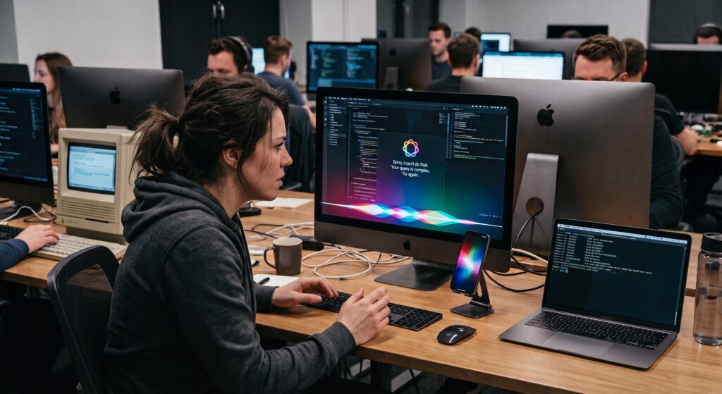 Developer at a desk watching Siri's colorful waveform show an error message, illustrating Siri AI's limits with custom App Intents