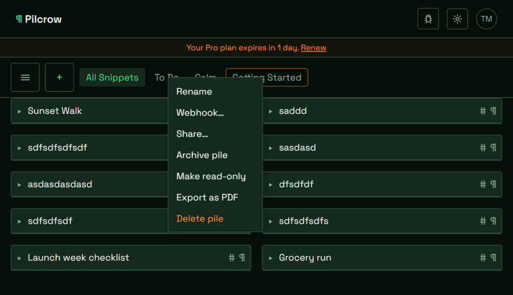 Right-click context menu on a Pilcrow pile tab, showing Rename, Webhook, Share, Archive pile, Make read-only, Export as PDF, and Delete pile options