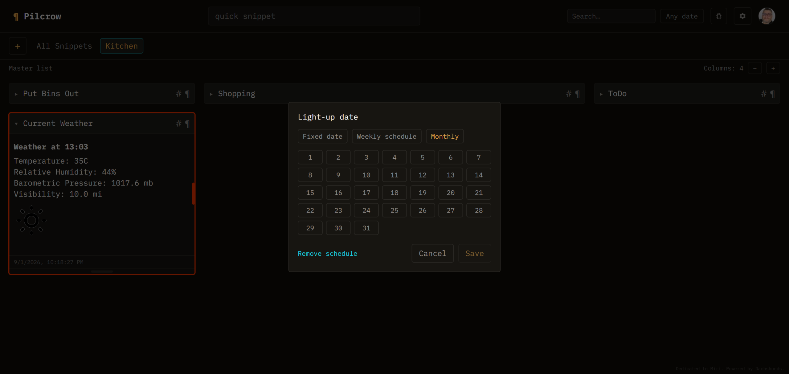 Pilcrow's Light-up date dialog on the new Monthly tab, showing a grid of every day of the month from 1 to 31 to choose from