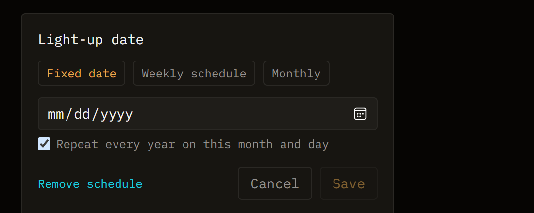 Pilcrow's Light-up date dialog on the Fixed date tab, with a new "Repeat every year on this month and day" checkbox ticked