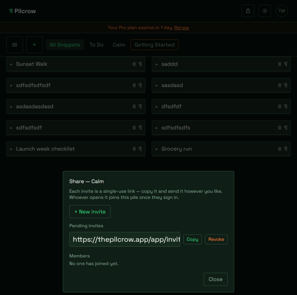Pilcrow's Share dialog for a pile named Calm, showing a New invite button, a single-use invite link with Copy and Revoke buttons, and a Members list