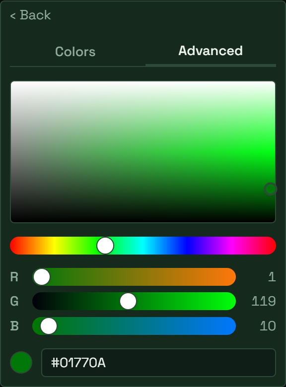 Pilcrow's custom color picker Advanced tab, showing a saturation/lightness pad, hue slider, and R/G/B sliders