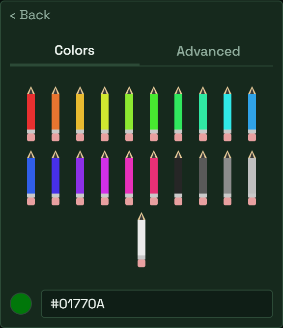Pilcrow's custom color picker showing a box of colored pencils to choose a tag color from