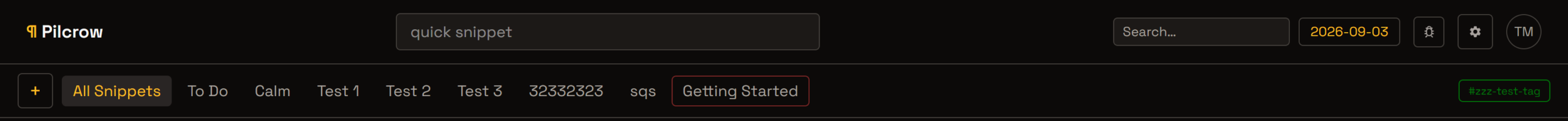 Pilcrow's Dark Amber theme applied to the app's top navigation bar and tag filter row