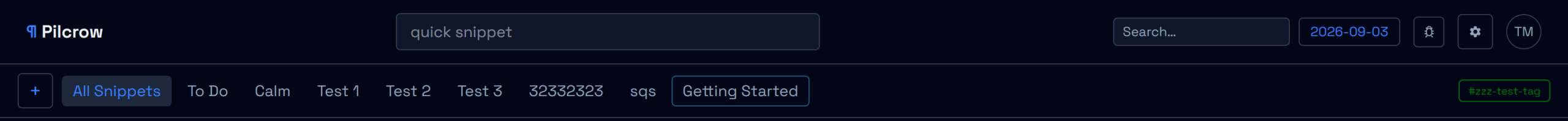 Pilcrow's Dark Blue theme applied to the app's top navigation bar and tag filter row
