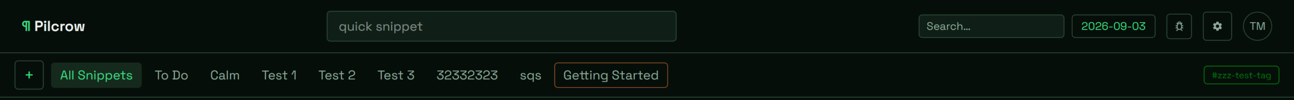 Pilcrow's Dark Green shaded theme applied to the app's top navigation bar and tag filter row