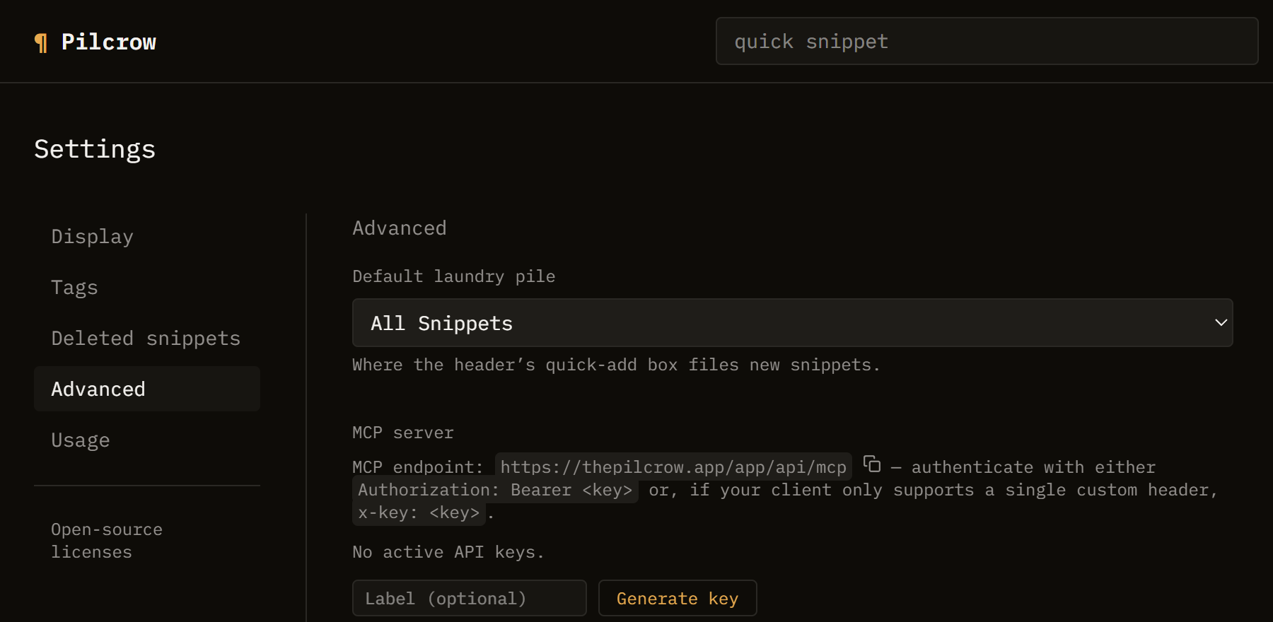 Pilcrow's Settings → Advanced page, showing the MCP endpoint, the two accepted auth headers, and a Generate key button.